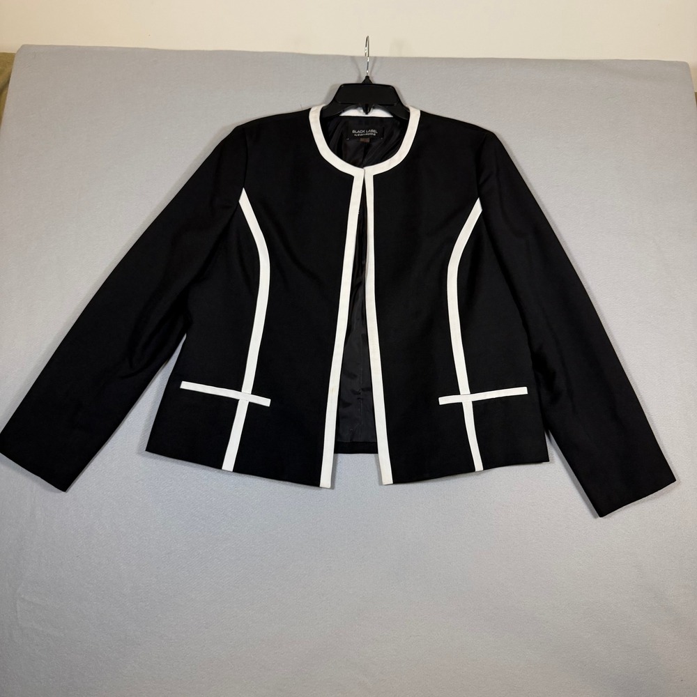 Evan Picone Black Label Open Front Blazer Black White Piping Size 16